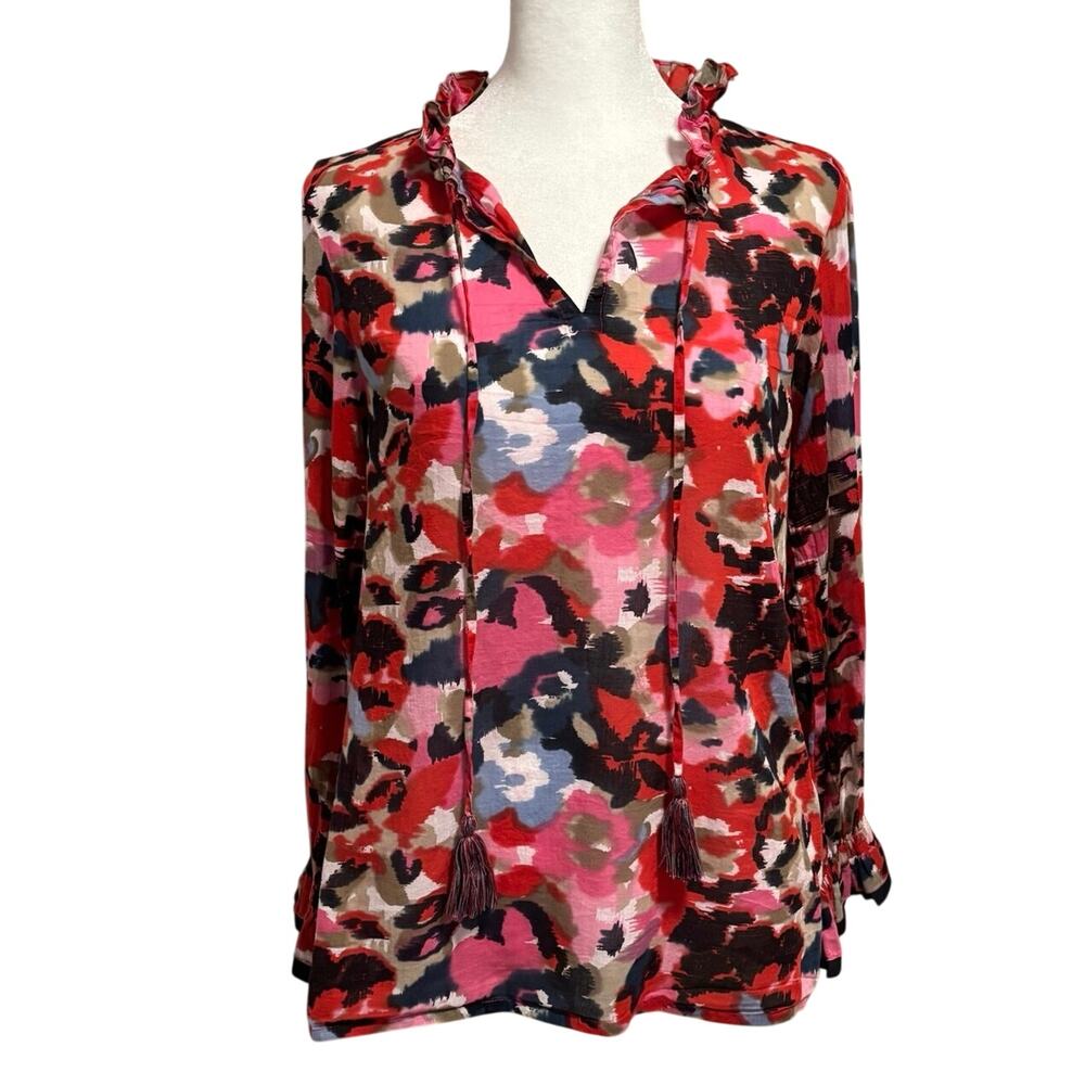 Rungolee Size XS Francesca Blouse Top Watercolor Floral Tassel Tie Ruffles